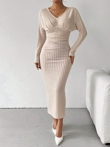 Wide Ribbed Fuzzy V-Neck Smocked Dress