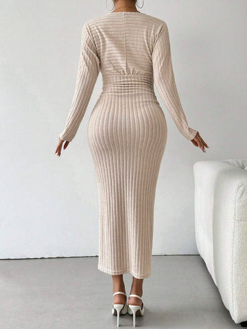 Wide Ribbed Fuzzy V-Neck Smocked Dress