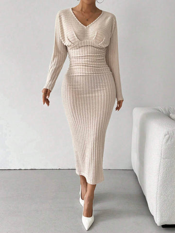 Wide Ribbed Fuzzy V-Neck Smocked Dress