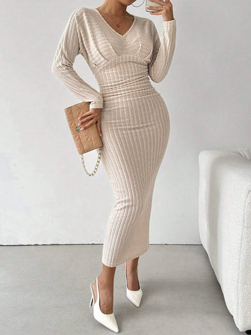 Wide Ribbed Fuzzy V-Neck Smocked Dress