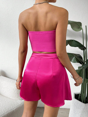 Women'S 2pcs/Set Tube Top With 3d Flower Decor And Shorts