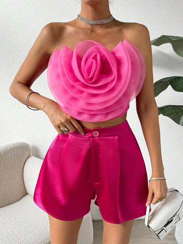 Women'S 2pcs/Set Tube Top With 3d Flower Decor And Shorts