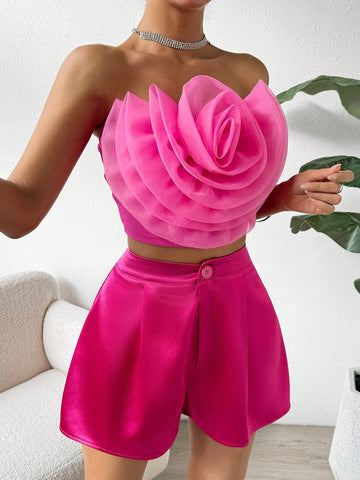 Women'S 2pcs/Set Tube Top With 3d Flower Decor And Shorts