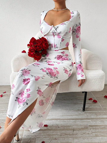 Women'S 2pcs Flower Print Diamond Neck Collar Faux Fishbones Long Sleeve Top And Side Slit Skirt Set