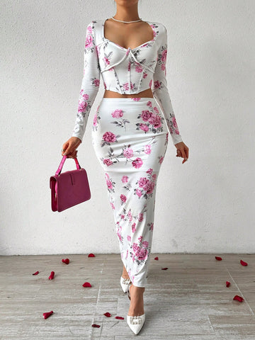 Women'S 2pcs Flower Print Diamond Neck Collar Faux Fishbones Long Sleeve Top And Side Slit Skirt Set
