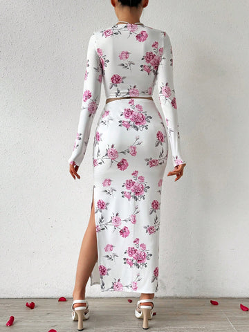 Women'S 2pcs Flower Print Diamond Neck Collar Faux Fishbones Long Sleeve Top And Side Slit Skirt Set