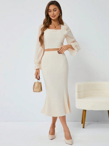 Women'S 2pcs Set - Ruffled Short Sleeve Crop Top And Skirt