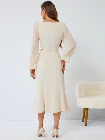 Women'S 2pcs Set - Ruffled Short Sleeve Crop Top And Skirt