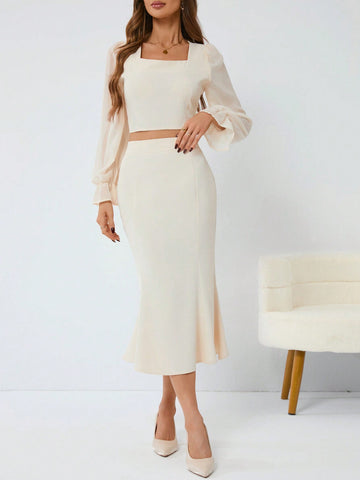 Women'S 2pcs Set - Ruffled Short Sleeve Crop Top And Skirt