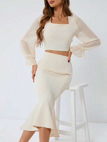 Women'S 2pcs Set - Ruffled Short Sleeve Crop Top And Skirt