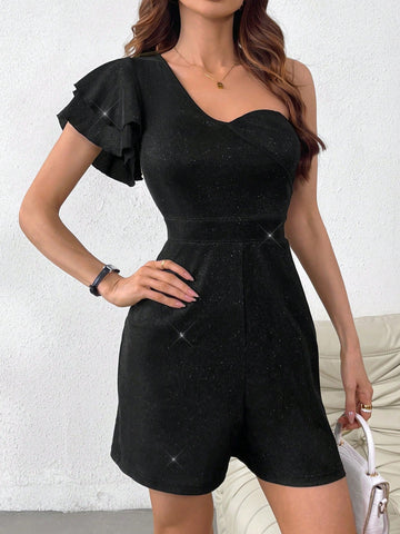 Women'S Asymmetrical Collar & Ruffle Hem Silver Plated Jumpsuit