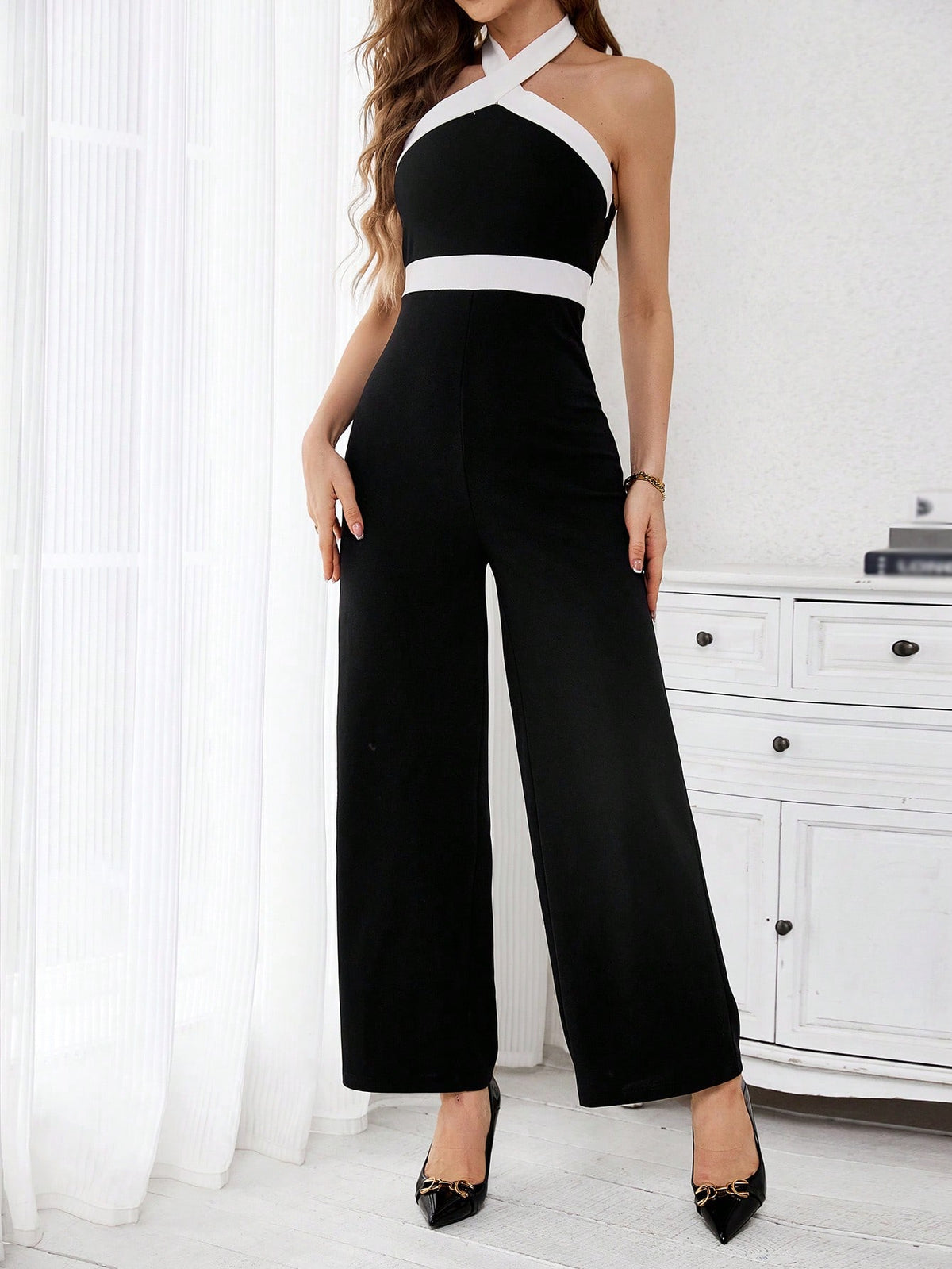 Women'S Black And White Color Block Jumpsuit