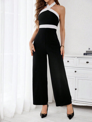 Women'S Black And White Color Block Jumpsuit