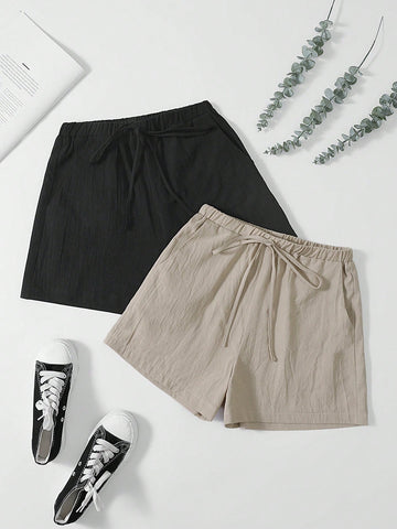 Privé Women'S Casual Elastic Waistband Shorts 2pcs/Set