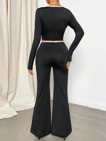 Women'S Color Block Pullover Top With Sweetheart Neckline And Long Pants Set