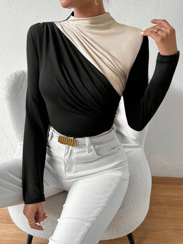 Women'S Color Block Stand Collar Fold Pleated Slim Fit Bodysuit
