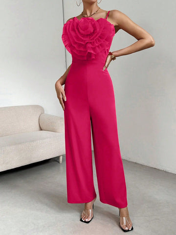 Women'S Exaggerated Three-Dimensional Flower-Embellished Suspender Jumpsuit