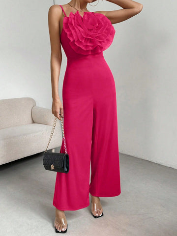 Women'S Exaggerated Three-Dimensional Flower-Embellished Suspender Jumpsuit