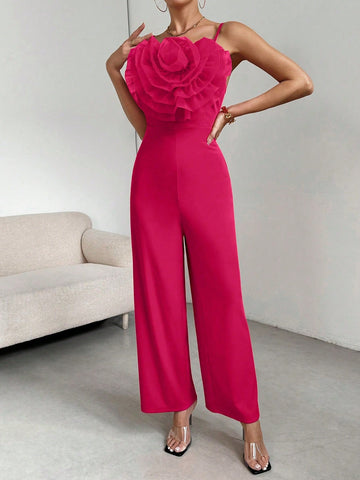 Women'S Exaggerated Three-Dimensional Flower-Embellished Suspender Jumpsuit