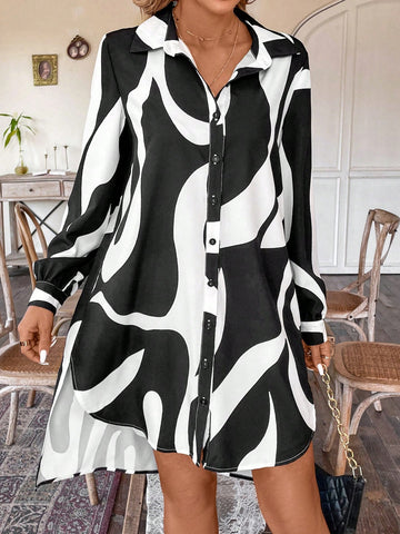 Women'S Long Sleeve High Low Hem Shirt Dress