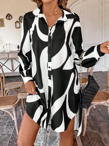 Women'S Long Sleeve High Low Hem Shirt Dress
