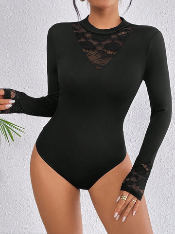 Women'S Long Sleeve Lace Patchwork Bodysuit