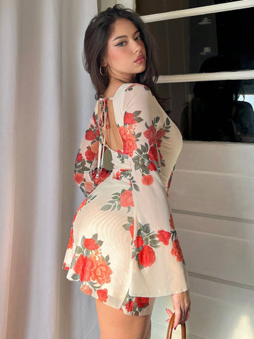 Women'S Mesh Flower Printed Bell Sleeve Backless Lace-Up Mini Dress