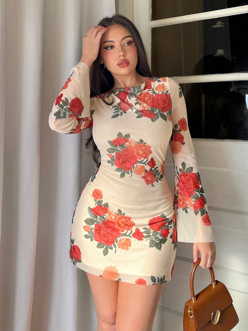 Women'S Mesh Flower Printed Bell Sleeve Backless Lace-Up Mini Dress