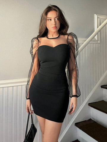 Women'S Mesh Splice Puff Sleeve Top And Skirt Set