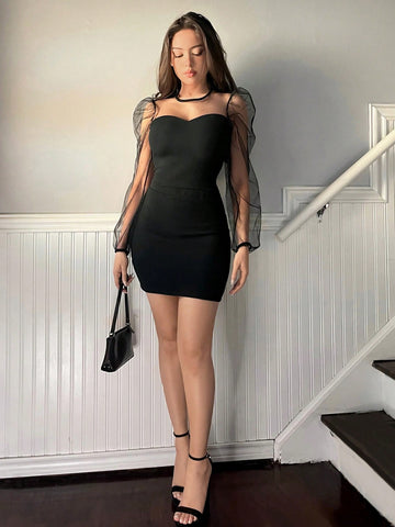 Women'S Mesh Splice Puff Sleeve Top And Skirt Set