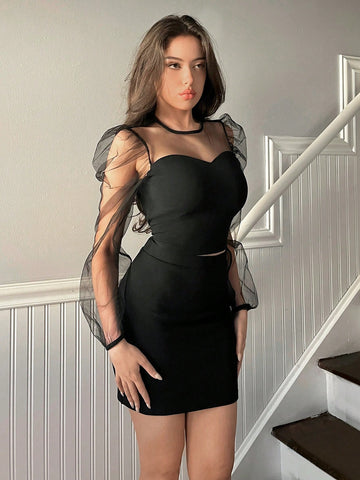 Women'S Mesh Splice Puff Sleeve Top And Skirt Set