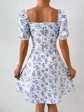 Women'S Off-Shoulder Halter Dress With Small Floral Print