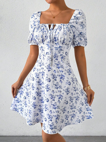 Women'S Off-Shoulder Halter Dress With Small Floral Print