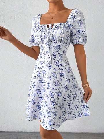 Women'S Off-Shoulder Halter Dress With Small Floral Print