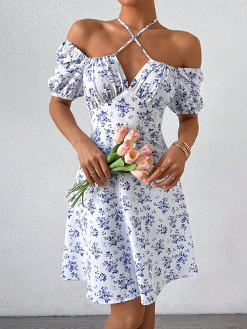Women'S Off-Shoulder Halter Dress With Small Floral Print