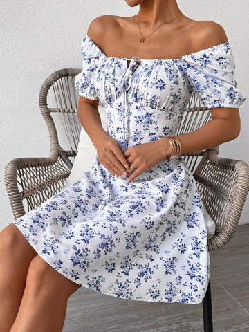 Women'S Off-Shoulder Halter Dress With Small Floral Print