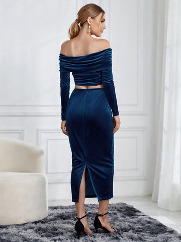 Women'S One Shoulder Long Sleeve Top And Back Split Midi Skirt Two Piece Set