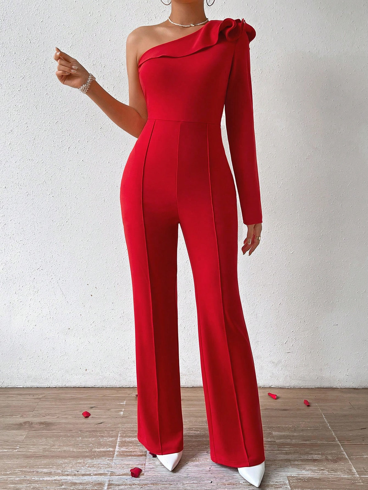 Women'S One Shoulder Ruffle Jumpsuit With Long Sleeves