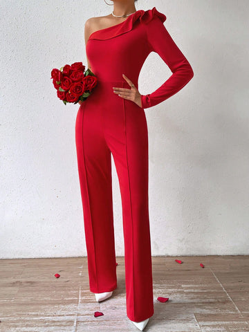 Women'S One Shoulder Ruffle Jumpsuit With Long Sleeves