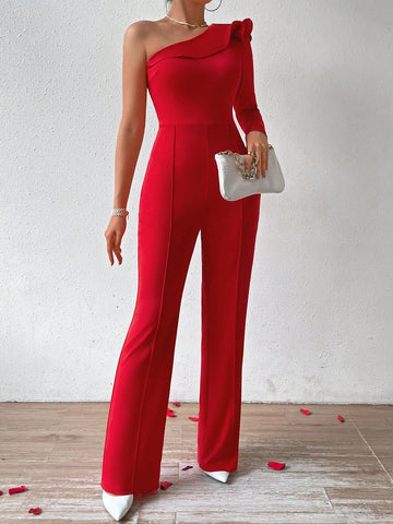 Women'S One Shoulder Ruffle Jumpsuit With Long Sleeves