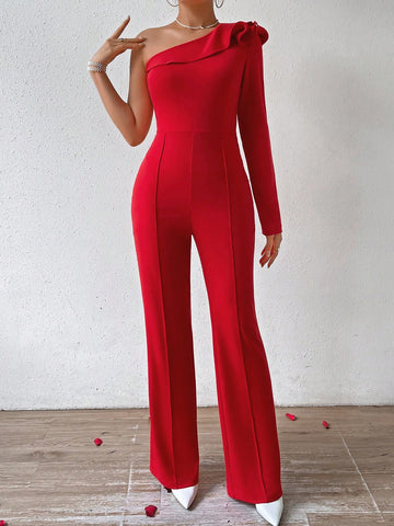 Women'S One Shoulder Ruffle Jumpsuit With Long Sleeves