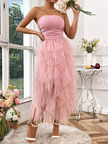 Women'S Patchwork Mesh Strapless Dress