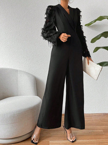 Women'S Plunging Neck Fuzzy Lantern Sleeve Jumpsuit