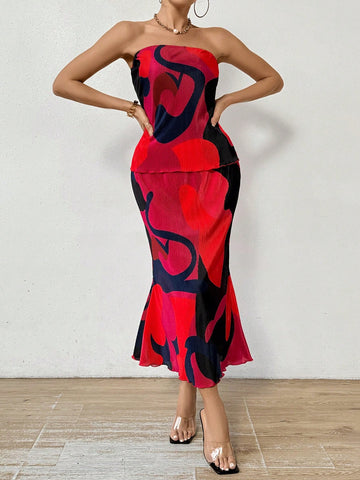 Women'S Printed Bandeau Top And Mermaid Skirt Set