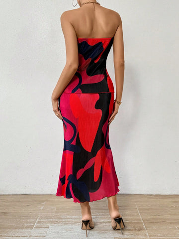 Women'S Printed Bandeau Top And Mermaid Skirt Set