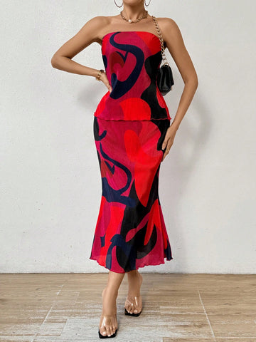 Women'S Printed Bandeau Top And Mermaid Skirt Set