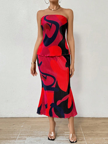 Women'S Printed Bandeau Top And Mermaid Skirt Set