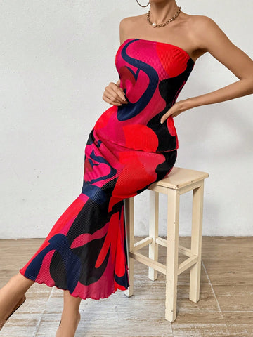 Women'S Printed Bandeau Top And Mermaid Skirt Set