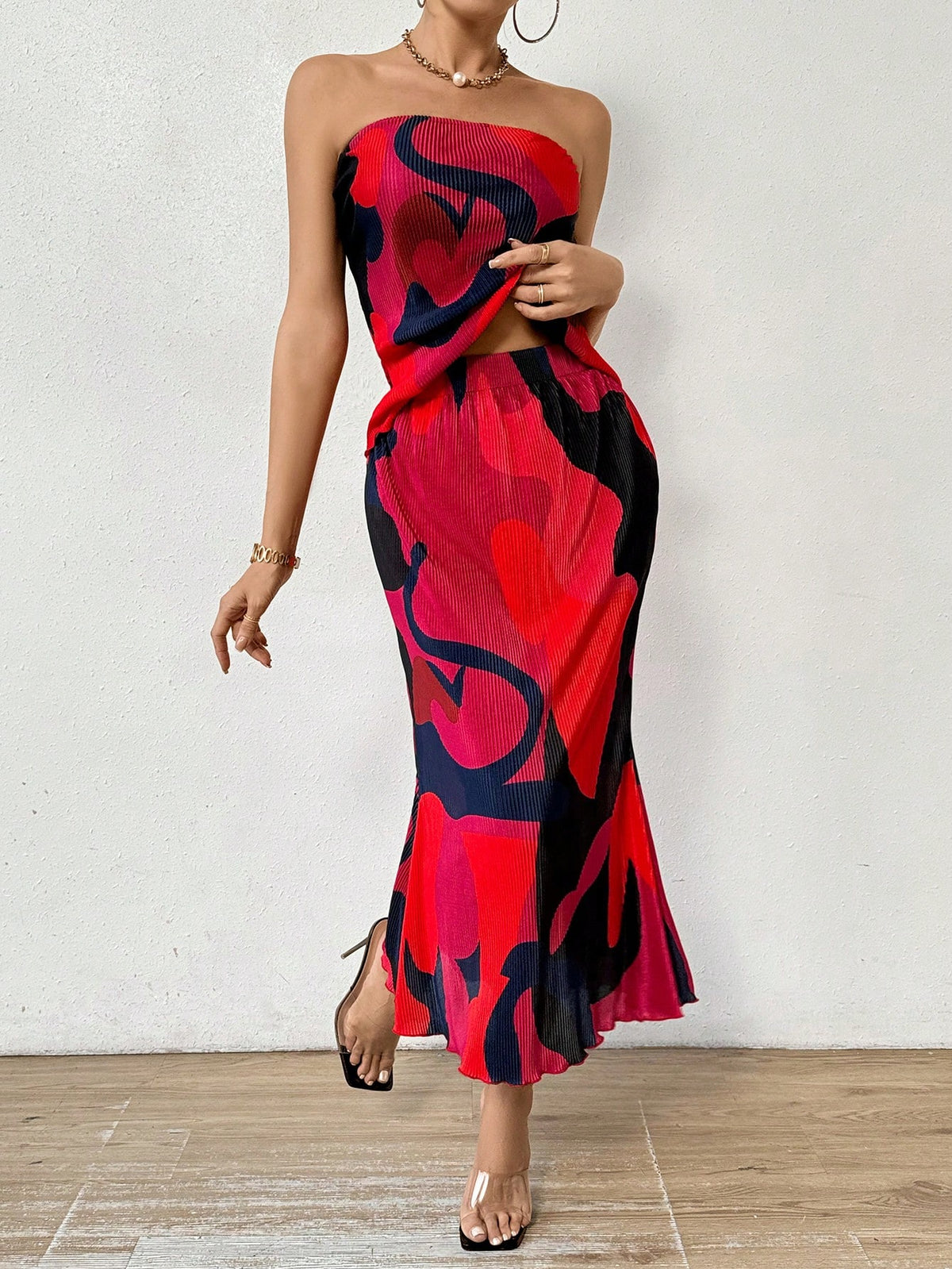 Women'S Printed Bandeau Top And Mermaid Skirt Set