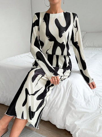Women'S Printed Pleated Top And Skirt Two Piece Set